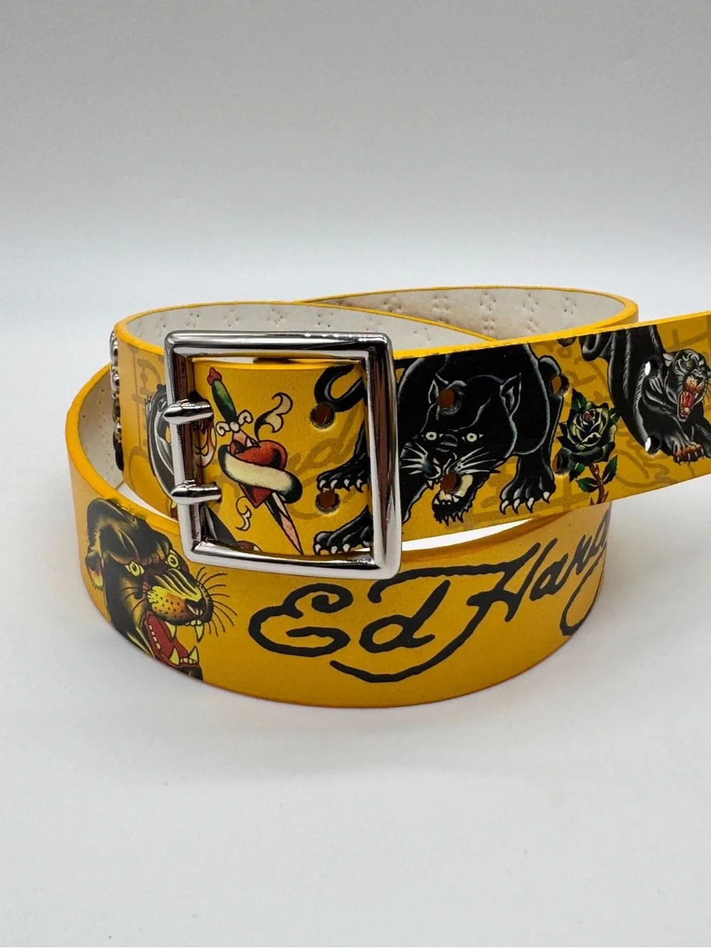 Ed Hardy Panther Snake Studded Belt Yellow Y2K Tattoo Art Size 38 Brand New